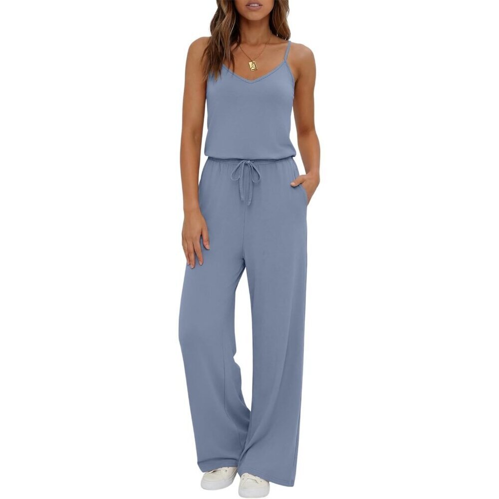 Women's Grey Blue Summer Dressy Sleeveless Wide Leg Long Pant Romper Jumpsuit